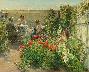 Blomstrende haveeksterir med tre kvinder ved et bord Knud Bergslien